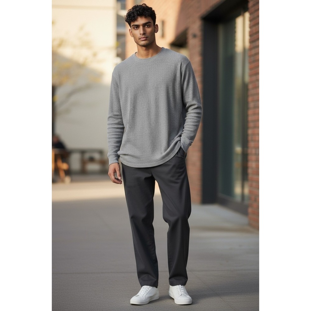 Jachs Mens Waffle Knit Thermal Long Sleeve Shirt Gray Crewneck Large